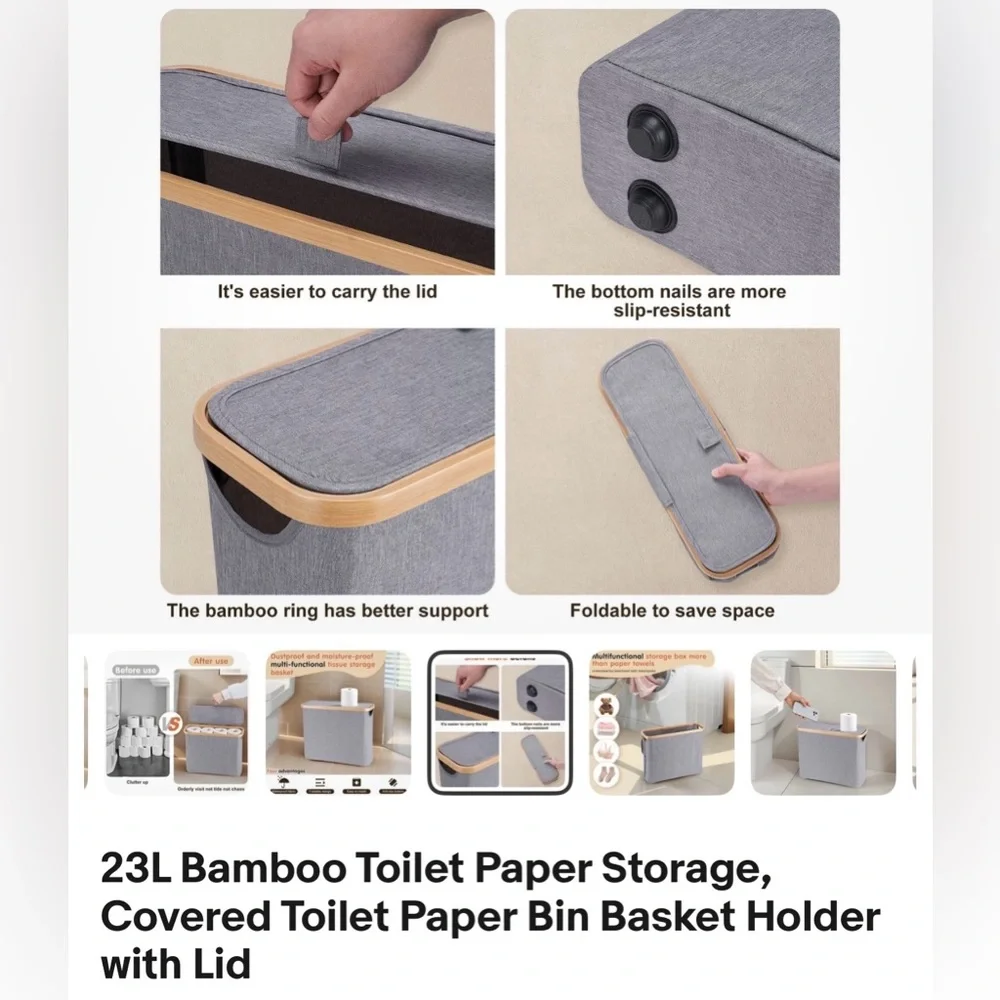 23L Bamboo Toilet Paper Storage, Covered Toilet Paper Bin Basket Holder with Lid